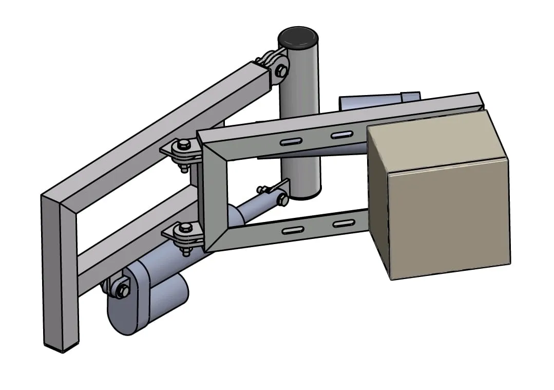 Modelo 3D del posicionador: marco fijo, marco móvil, actuadores lineales y caja de control