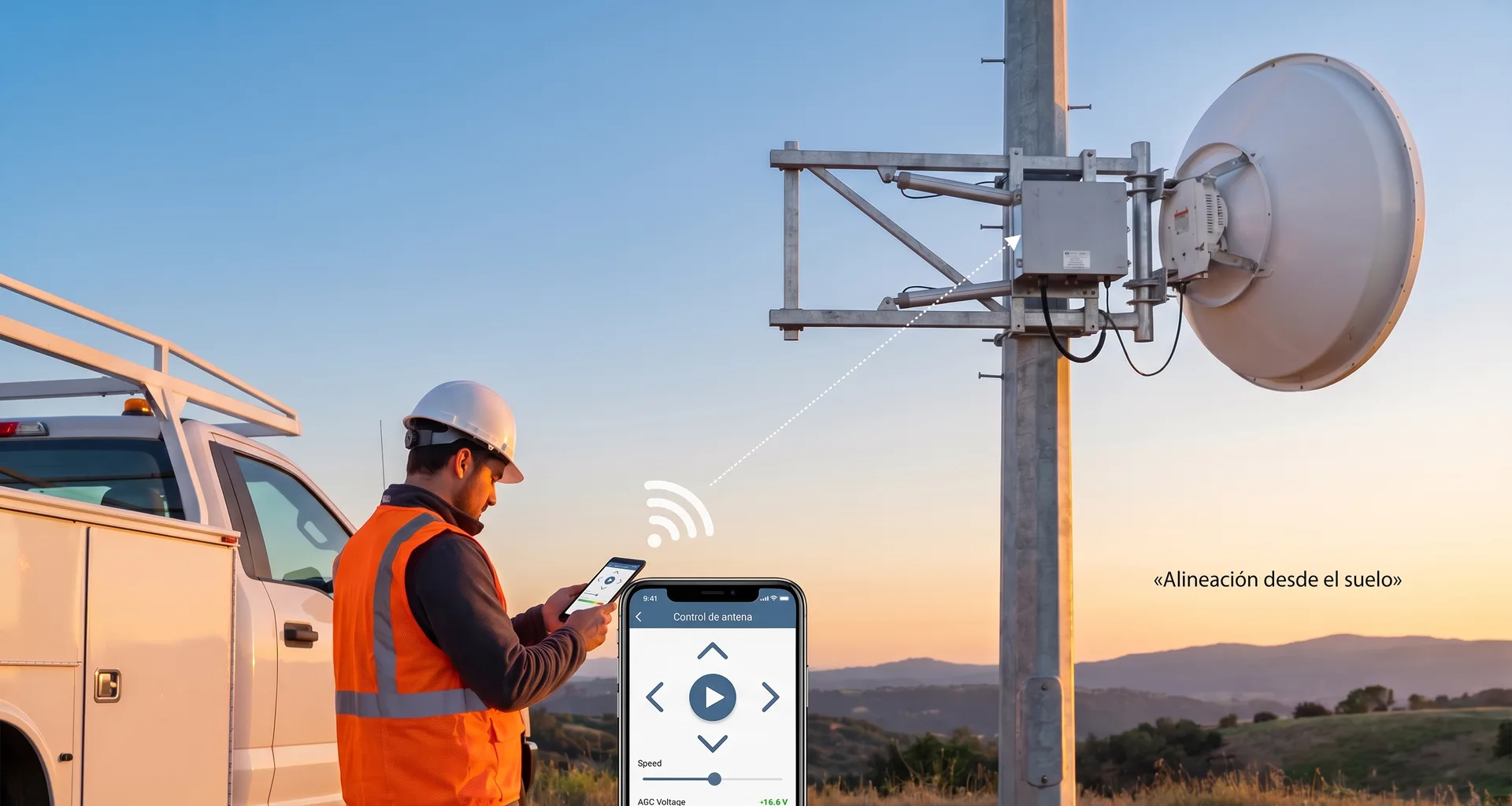 Técnico con casco y chaleco reflectante, de pie en el suelo junto a su camioneta, alinea desde el celular una antena microondas montada en lo alto de un poste